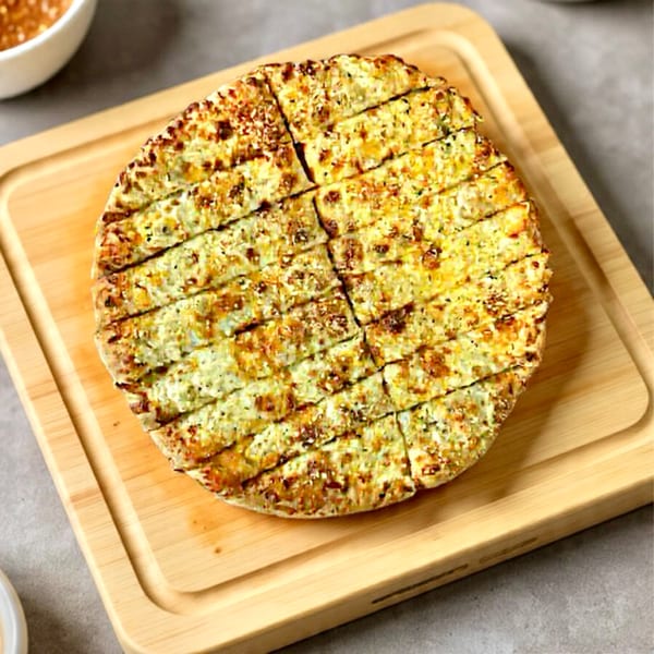 Round garlic bread, cut into strips, with melted cheese and herbs on a wooden cutting board.