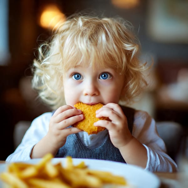 A young child with blonde curly hair and blue eyes eats a chicken nugget at a table.