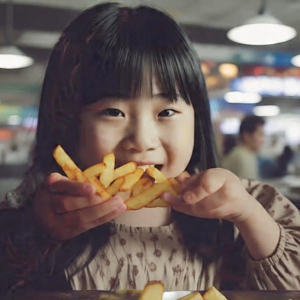 A happy young girl with dark hair smiles while eating a handful of golden french fries.