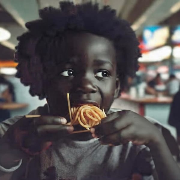 A young child with curly hair happily eats spaghetti with chopsticks at Italian Village Pizza.