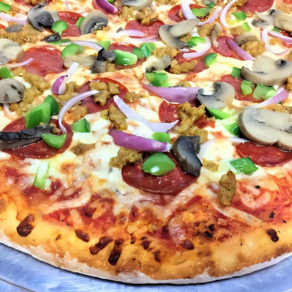 Close-up of a loaded Italian Village Pizza with pepperoni, sausage, mushrooms, onions, and green peppers.