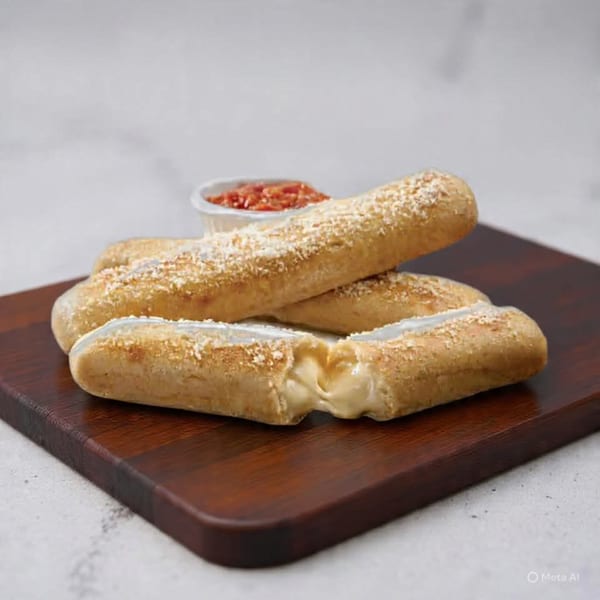 Three golden-brown breadsticks, one broken open to reveal melted cheese, with a side of marinara sauce.