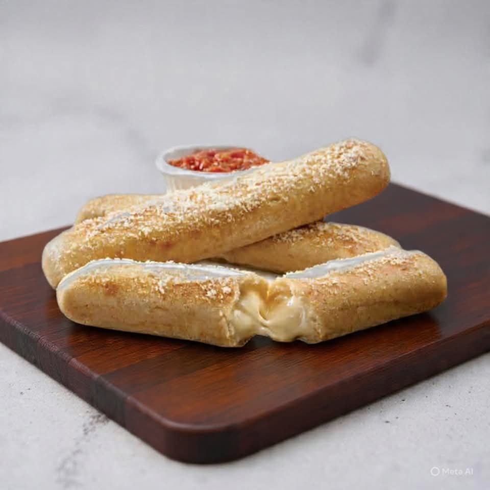 Three golden-brown breadsticks, one broken open to reveal melted cheese, with a side of marinara sauce.