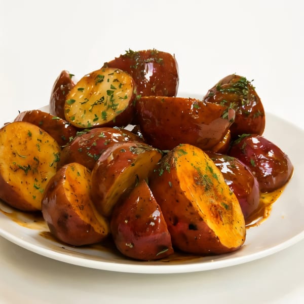 Roasted red potatoes, halved and quartered, drizzled with sauce and sprinkled with herbs on a white plate.