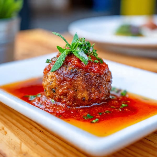 A large, juicy meatball covered in rich red sauce and fresh herbs on a white rectangular plate.