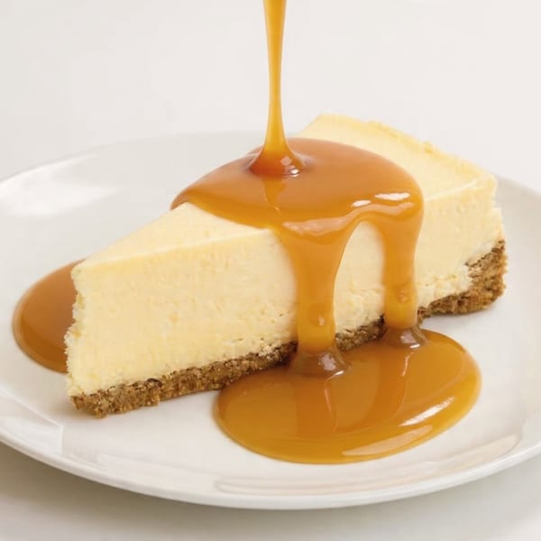 Two slices of cheesecake with graham cracker crust, drizzled with thick caramel sauce on a white plate.