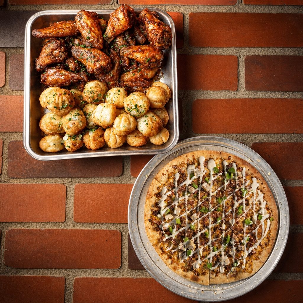 18” Pizza, 10 Wings & 12 Garlic Knots.