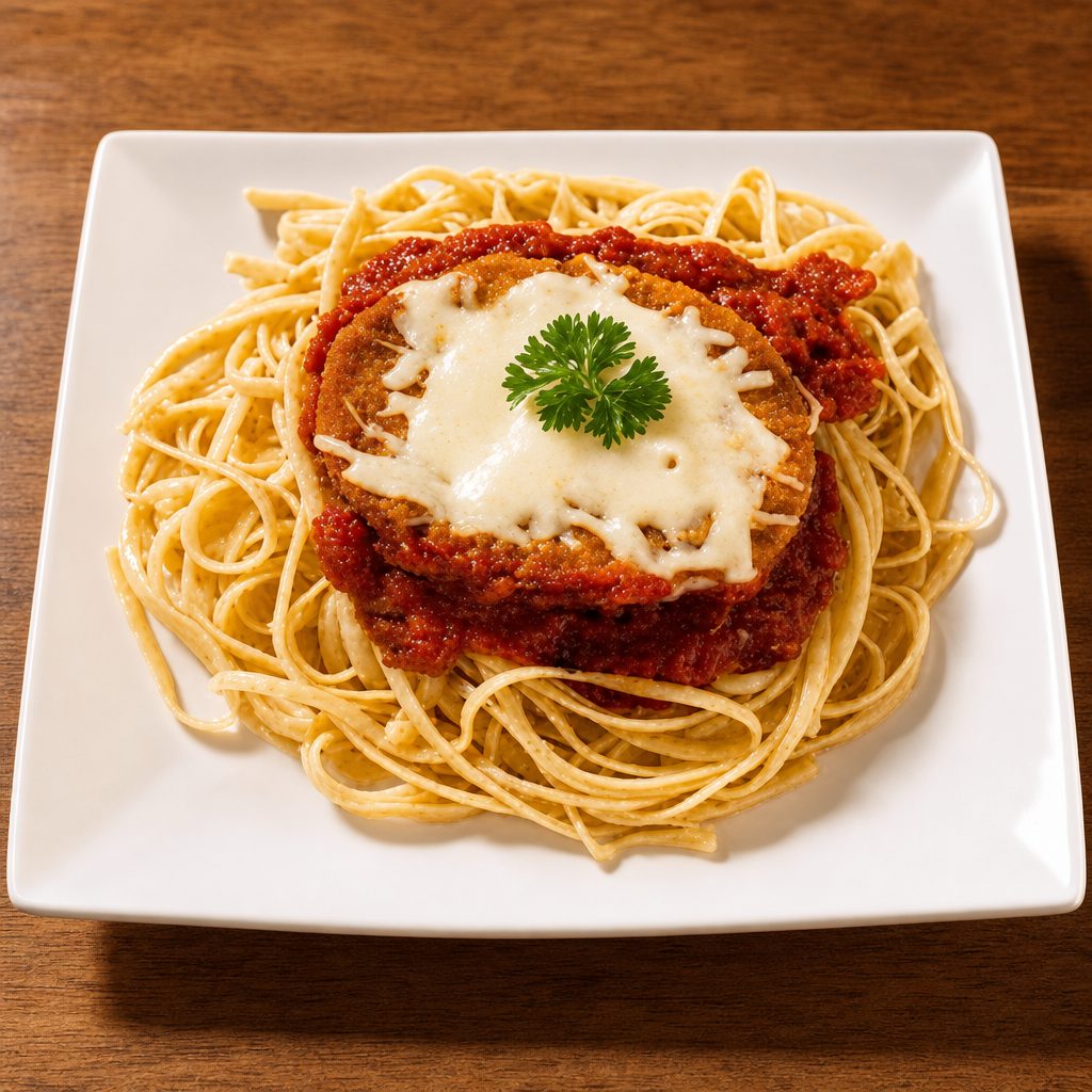 Chicken Parmesan over Spaghetti.